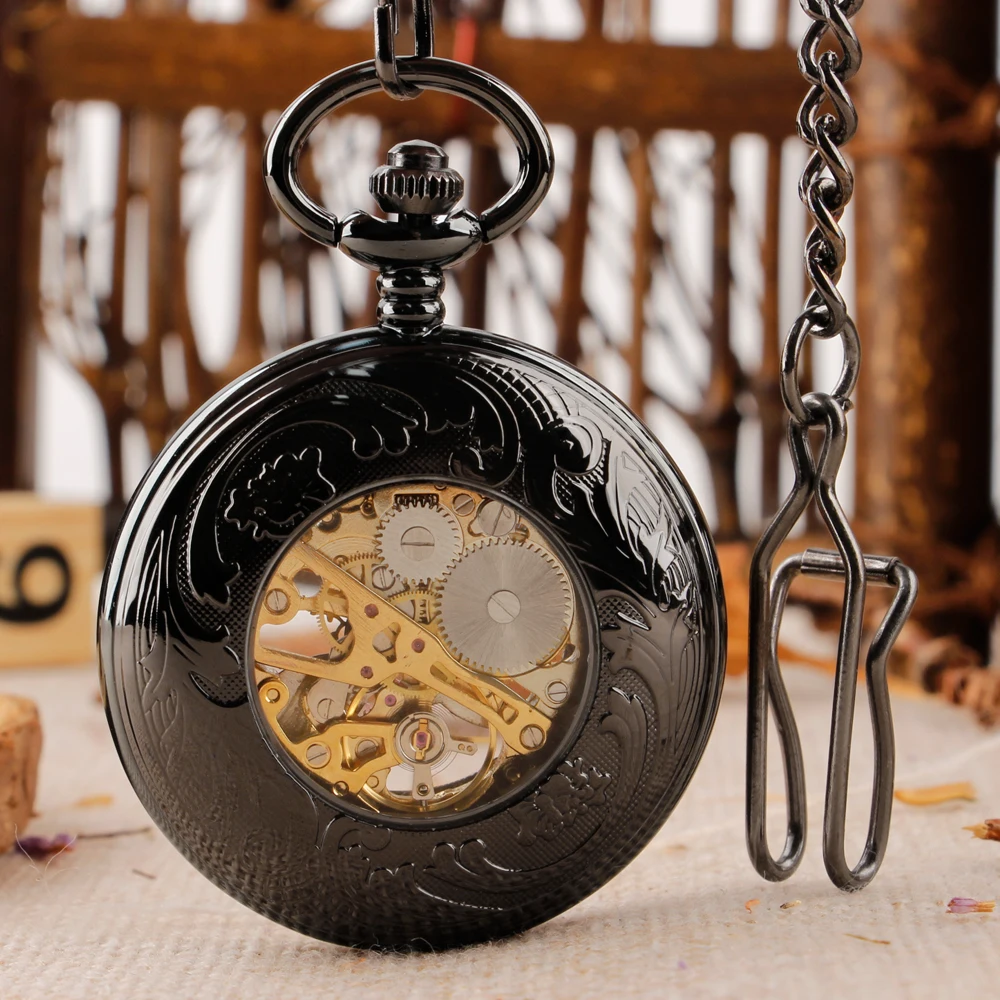 Fashion Black Smooth Transparent Glass Cover Pocket Watches Mechanical For Men Women Steampunk Vintage Necklace With Chain Gifts