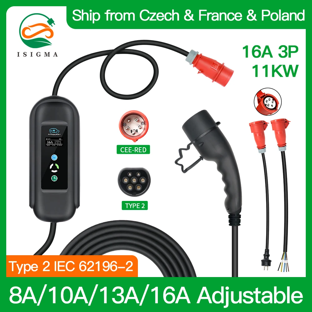 

Isigma Type 2 16A 11KW IEC 62196 Fast EV Charging Cable Portable Charger With Current Adjustable CE For Electric Car 3 phase