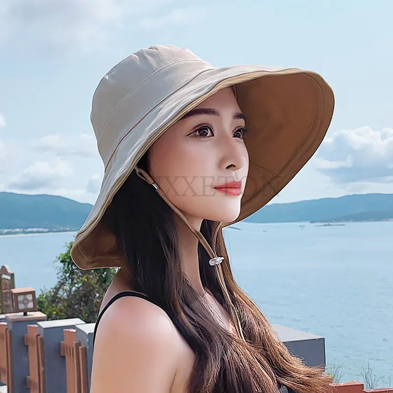 

Шляпа Женская Складная пляжная двусторонняя, Повседневная Панама от солнца с веревкой, хлопковая кепка с черными широкими полями, в подарок, на лето