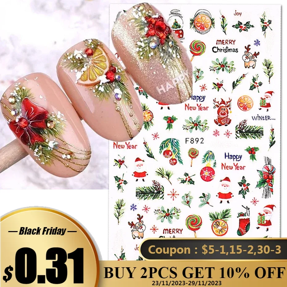 

3D Christmas Sticker Nail Decal Winter Snowflake Holly Tangerines Cartoon Santa Bird 2022 New Year Nail Design Decoration BEF892
