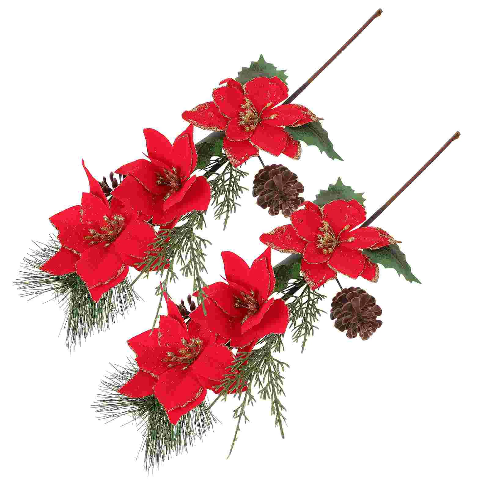 

2 Pcs Christmas Tree Decorations Party Floral Picks Artificial Poinsettia Decorative Xmas Flower Stems Vase