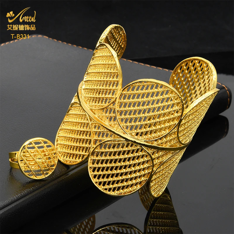 

ANIID 2023 Dubai Golden Wide Bracelet With Ring for Women African Luxury Ethiopian Jewelry Bangles Bridal Wedding Party Gifts