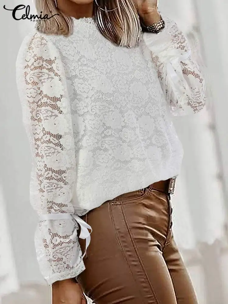 

Celmia 2022 Summer Street Tunic Tops Long Sleeve Casual Loose O-neck Women Shirts Lace See-through Elegant Solid White Blouses