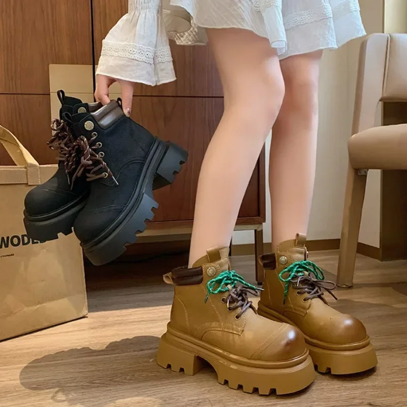 Женские ботинки на платформе из коровьей кожи в британском стиле дизайнерская