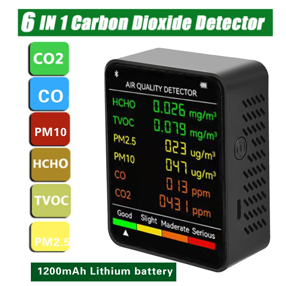 

6 In 1 Multifunctional Air Quality Monitor PM2.5 PM10 HCHO TVOC CO CO2 Detector Carbon Dioxide Detector LCD Large Screen