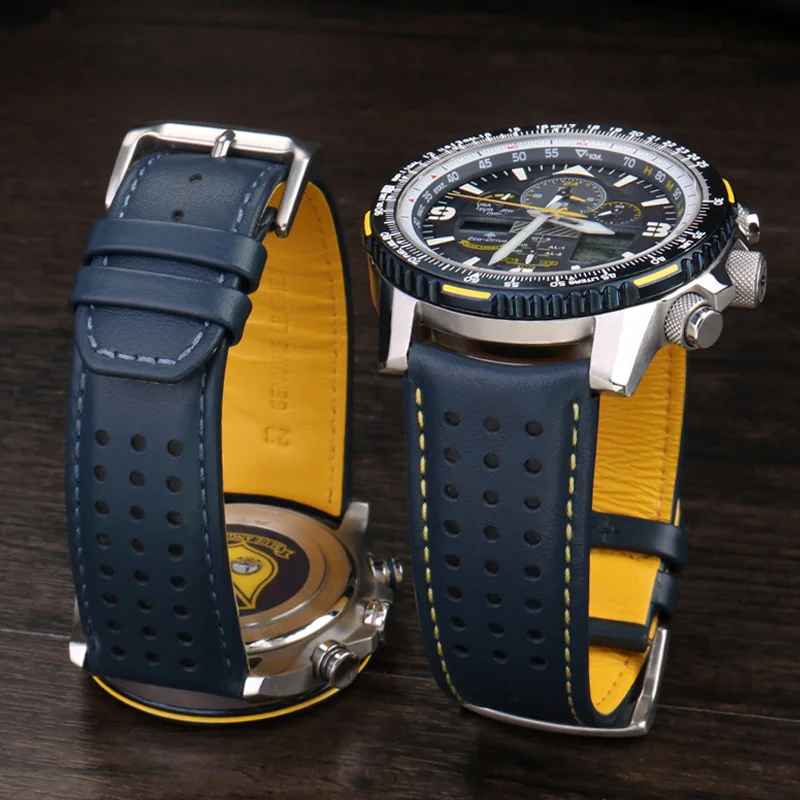 22mm 23mm Blue color Genuine Leather Watchband Strap Men's Watchband For Citizen AT8020-54L/JY8078 with folding buckle bracelet