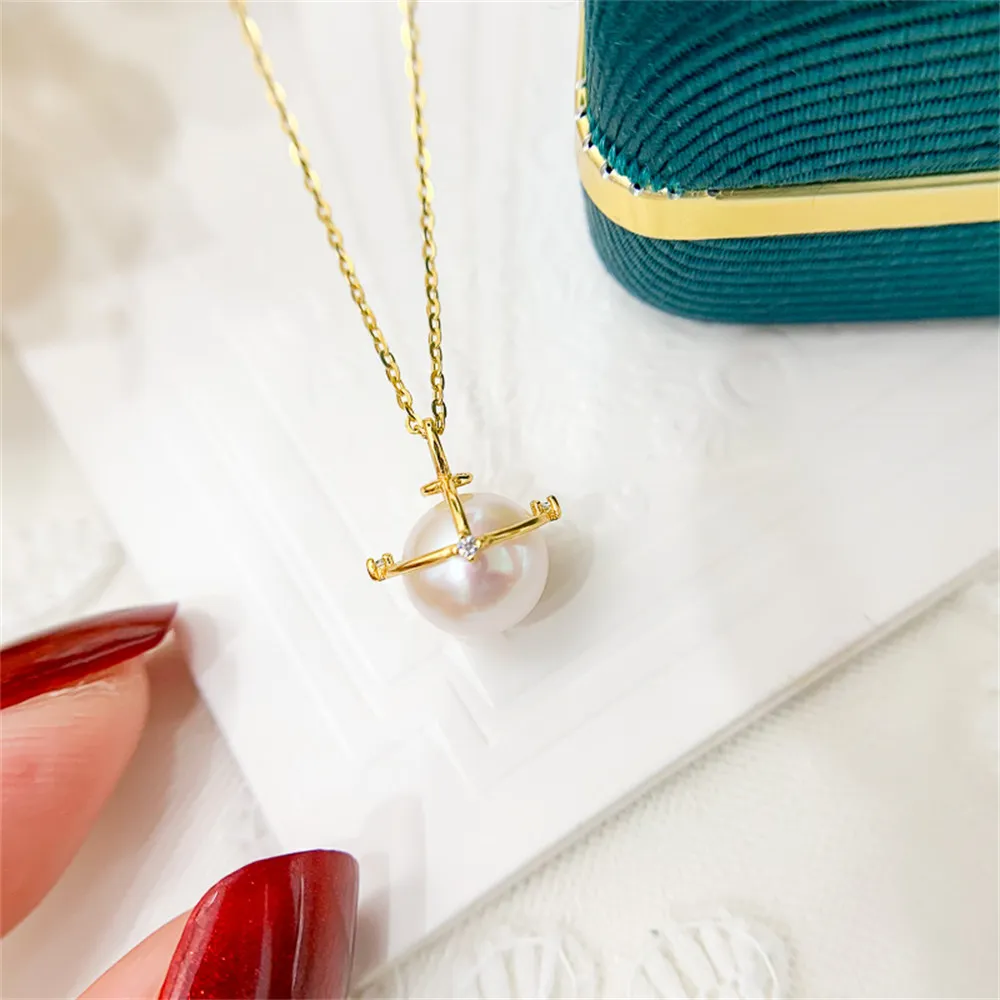 

DIY pearl accessories S925 sterling silver small pendant empty holding K gold globe necklace pendant with 8-9mm round beads