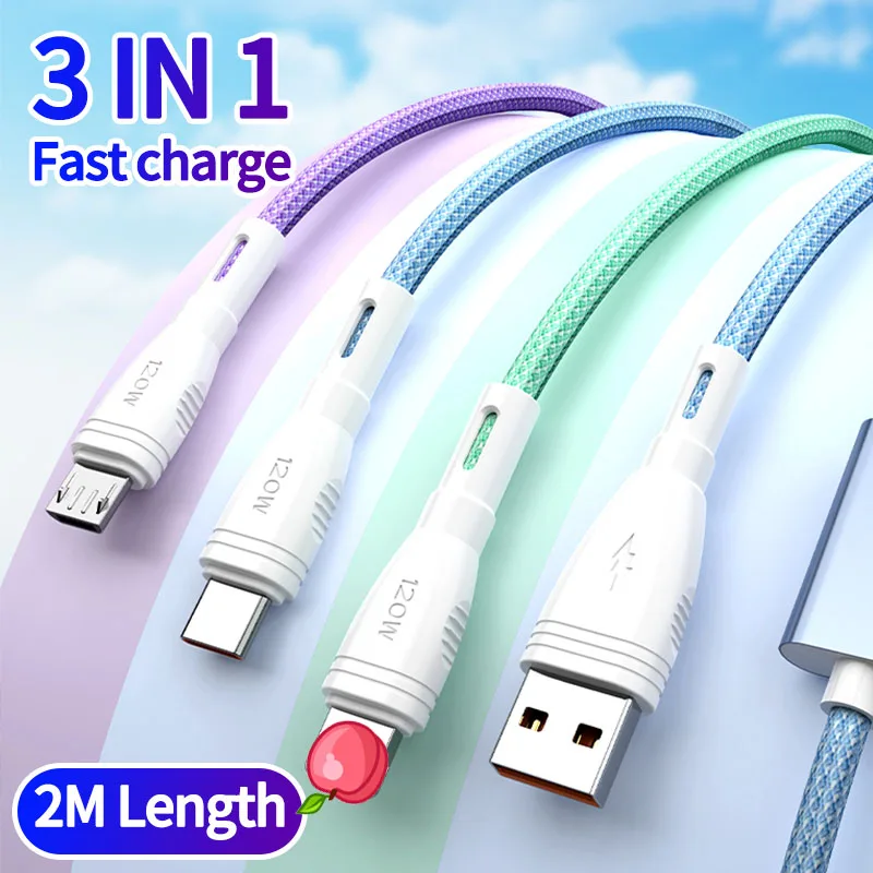 

6A 3 in 1 Fast Charging Cord for iPhone Huawei Xiaomi Redmi Samsung Micro USB Type C Mobile Phone Charger Cable Nylon Braid 2M