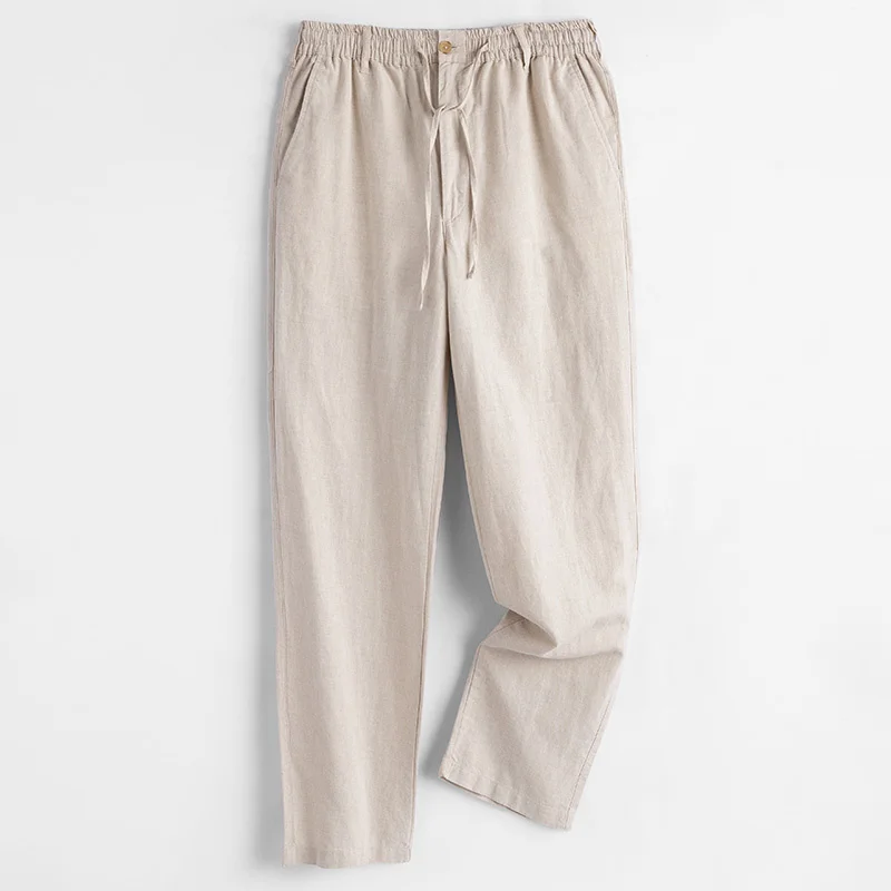 

Casual Spring Summer Thin Retro Men's Loose Straight Lace-up Cotton and Linen Cropped Pants