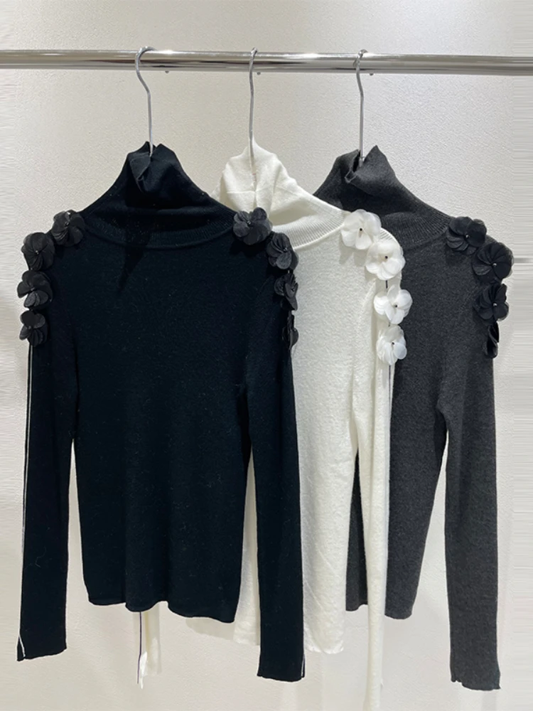 2022 Autumn New Simple Basic Knitted Top Elegant Sweet Long Sleeve Round Neck Single Wear with Petals High Collar Thin Knitwear