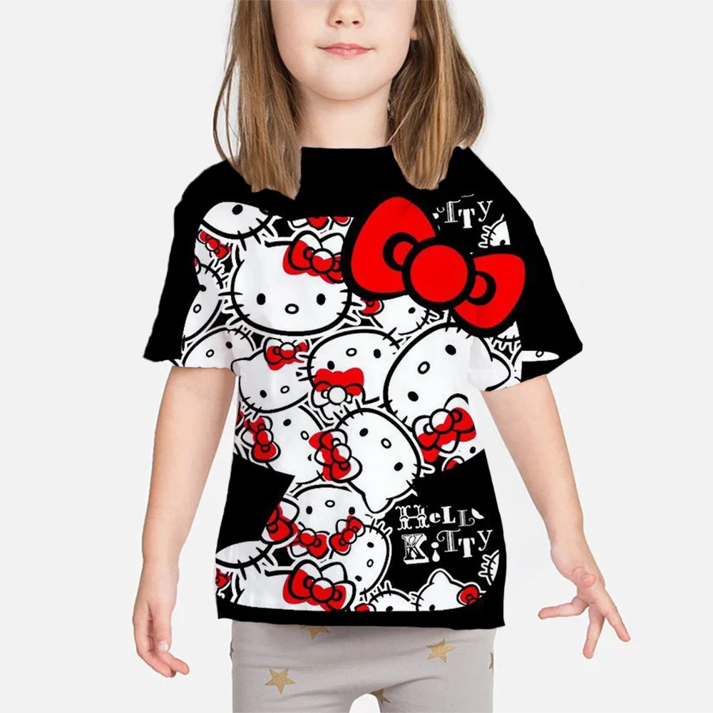

Летняя детская футболка Hello Kitty, топ, футболка для девочек, Kawaii Y2k, Милая футболка с коротким рукавом и круглым вырезом, топ, лето 2023, Новинка
