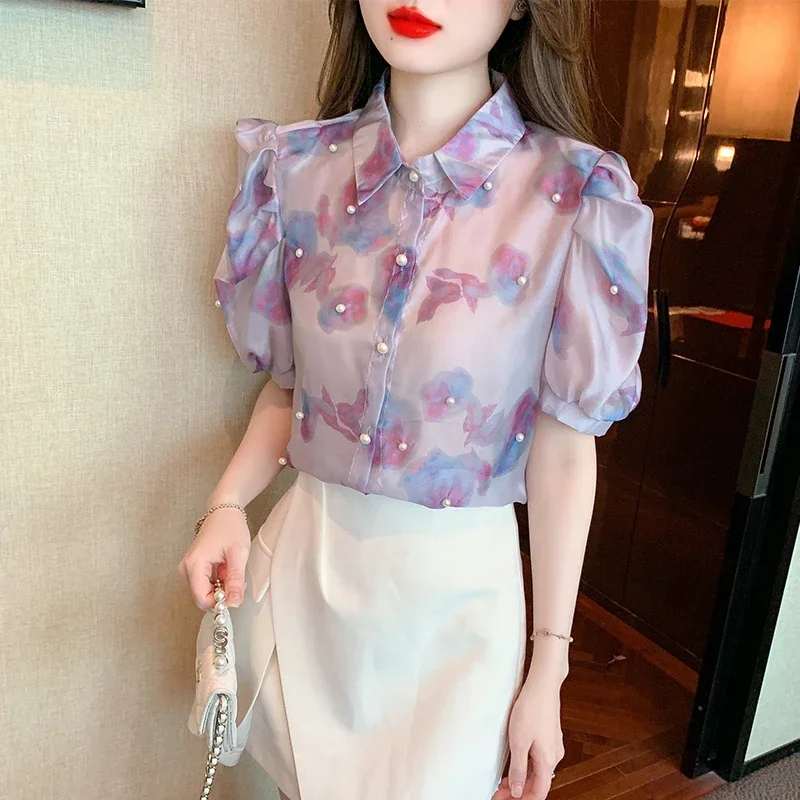 

Chiffon Women's Shirts Casual Prints Blouses Polo Neck Ladies Clothing Slim FASHION Short Sleeves Summer Tops YCMYUNYAN