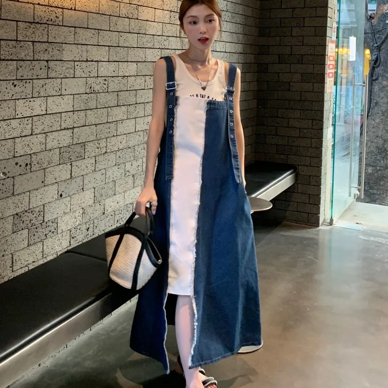 

Stitching Contrast Color Design Long Dress Denim Suspender Dress Women's Summer Dress