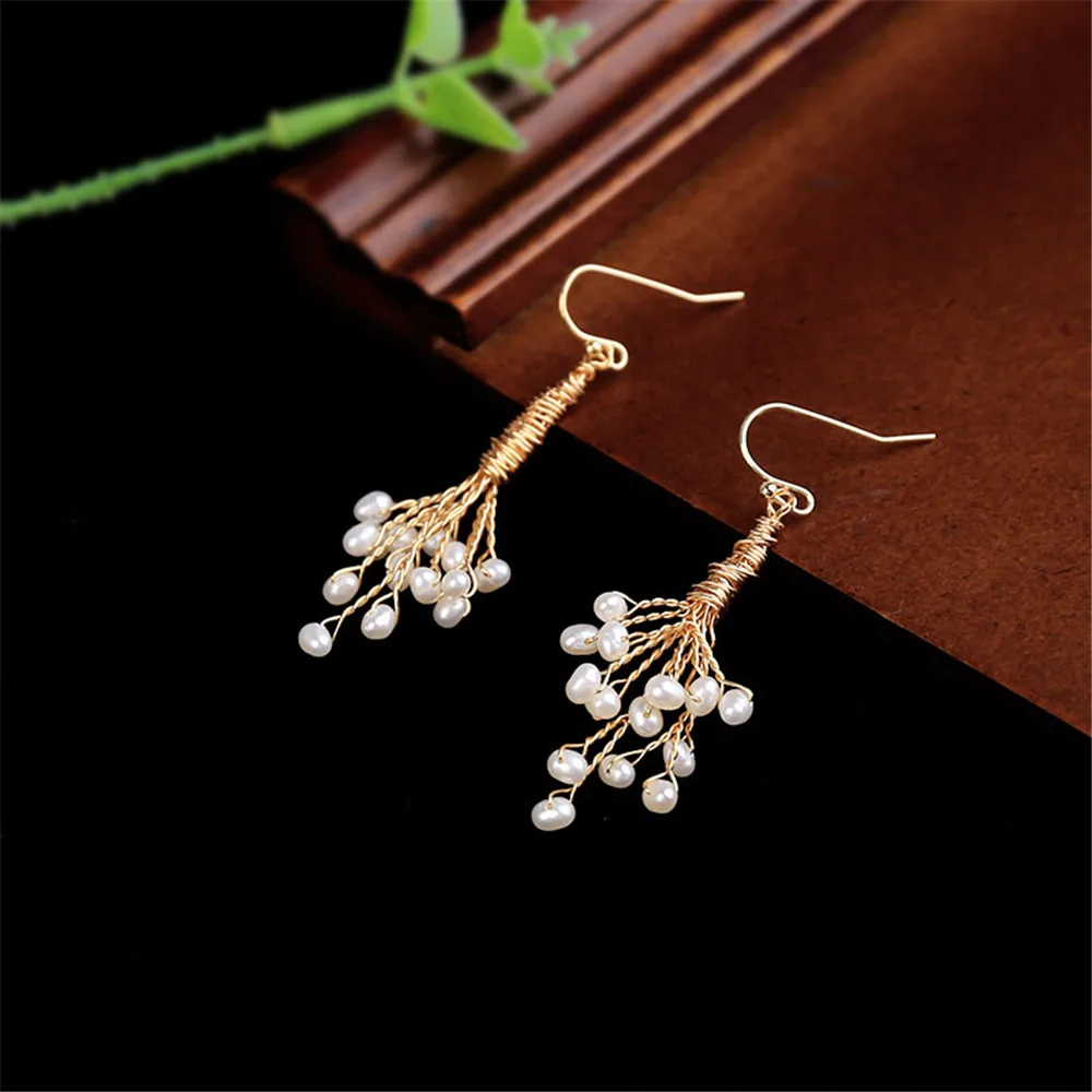 

Ethnic Handmade Copper Wire Winding Natural Freshwater Pearl Tassel Earrings Elegant Temperament Ear Hook Women Party Jewelry