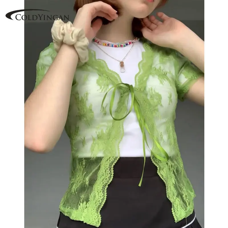 

ColdYingan Floral Lace Cardigans Y2K Brown Crop Top Frill Cute T Shirt Tie Up Short Sleeve Tshirt Women Harajuku Tee Top Vintage