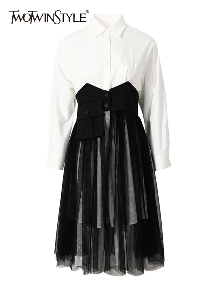 

TWOTWINSTYLE Hit Color Patchwork Mesh Dresses For Women Lapel Long Sleeve High Waist Elegant Mid Dress Female Fashion Style New