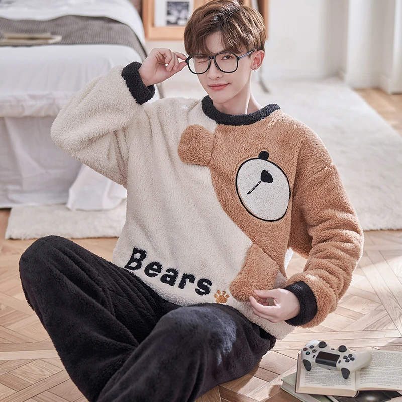 

QUHENG Pajamas Set for Men 2022 Autumn Winter Long Sleeved Trousers Round Neck Leisure Coral Fleece Homewear Suit Pajamas Set