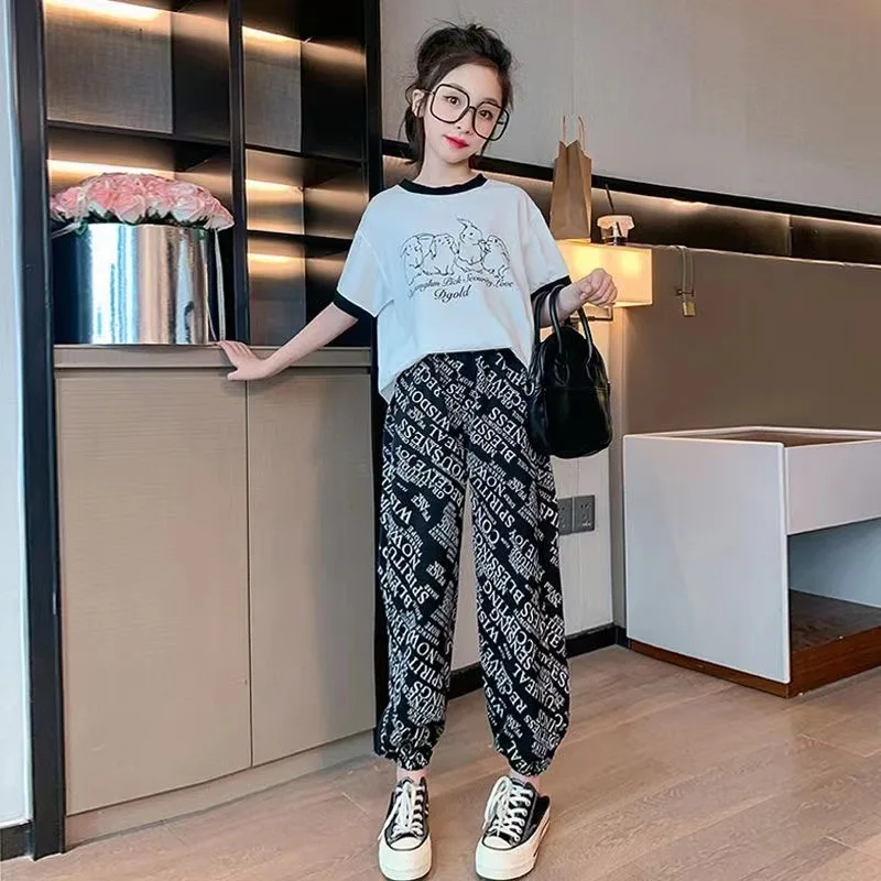 

2023 teenager Summer loose Girl children Set Fashion Kids rabbit T-shirt + letters Ankle-tied Pants 3 4 5 6 7 8 9 10 11 12 Years