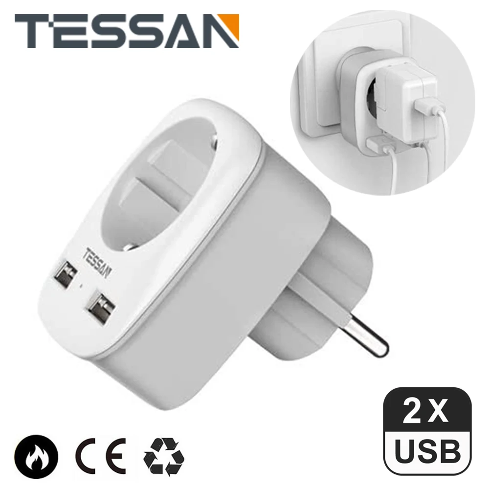 

TESSAN USB Socket Adapter with 2 USB (2.4A), Multiple Plug Wall USB Charger Adapter with Overload Protection for Home Office