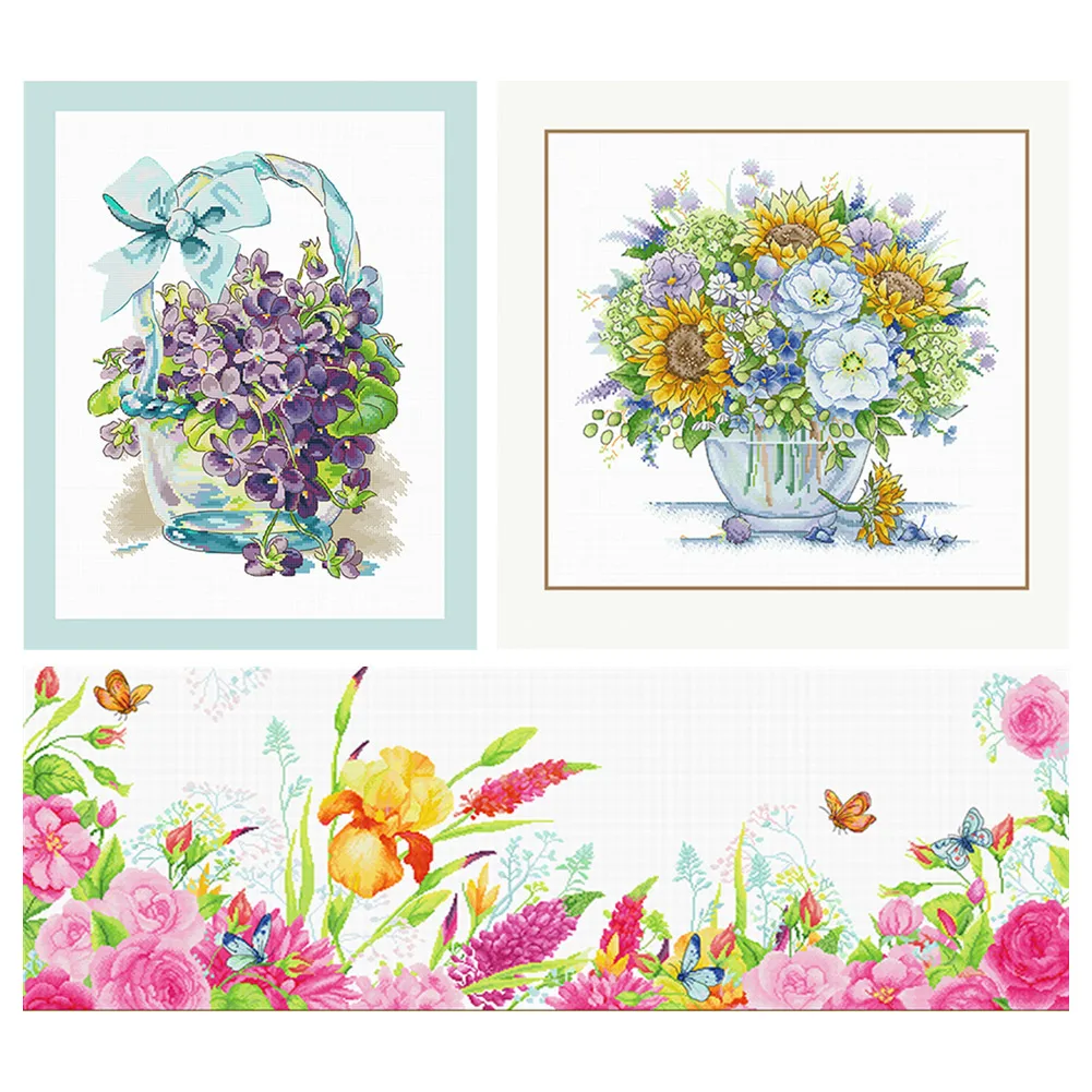 

11CT Needlework Flower Patterns Series Handcrafts Cross Stitch Kits Stamped Embroidery Canvas Sets for Wall Decoration