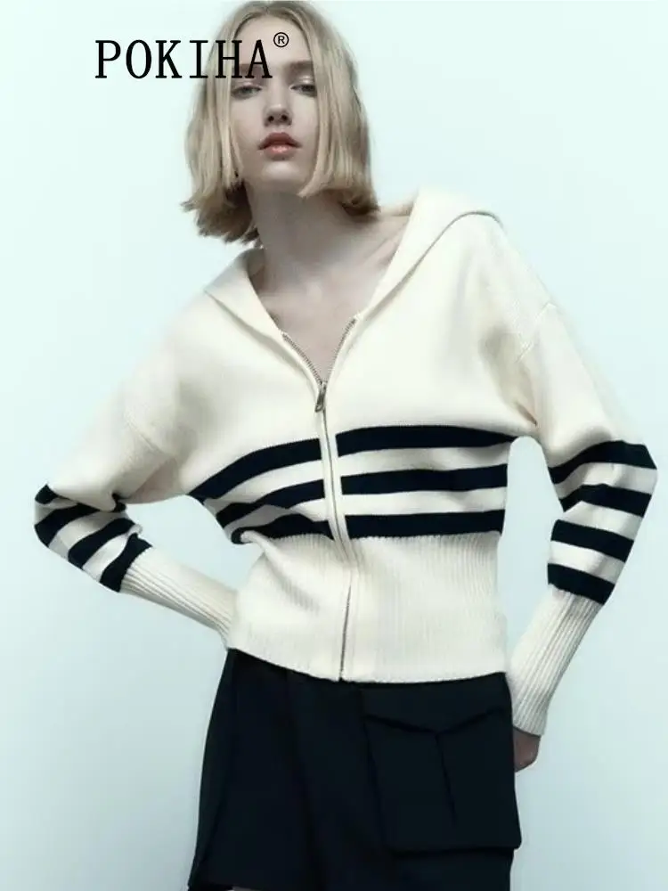 

Pokiha Fashion Women Striped Knit Front Zipper Short Cardigan Sweater Vintage Lapel Collar Long Sleeve Female Outwear Chic Tops