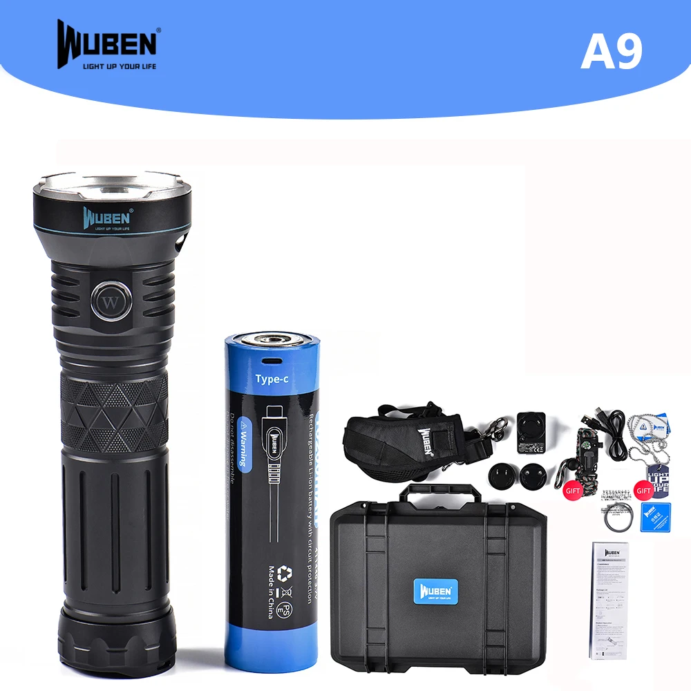 WUBEN A9 High Power LED Flashlight 12000LM Type-C Rechargeable LED IP68 waterproof Torch with 10200mAh battery For Hunting