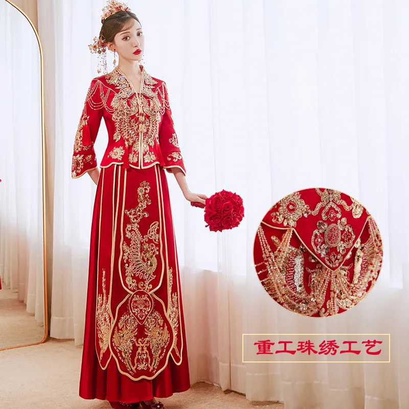 Sexy V-Neck Marriage Set Embroidery Bride Bridegroom Costume Oriental Toast Clothing Vintage Lovers Wedding Dress Cheongsam