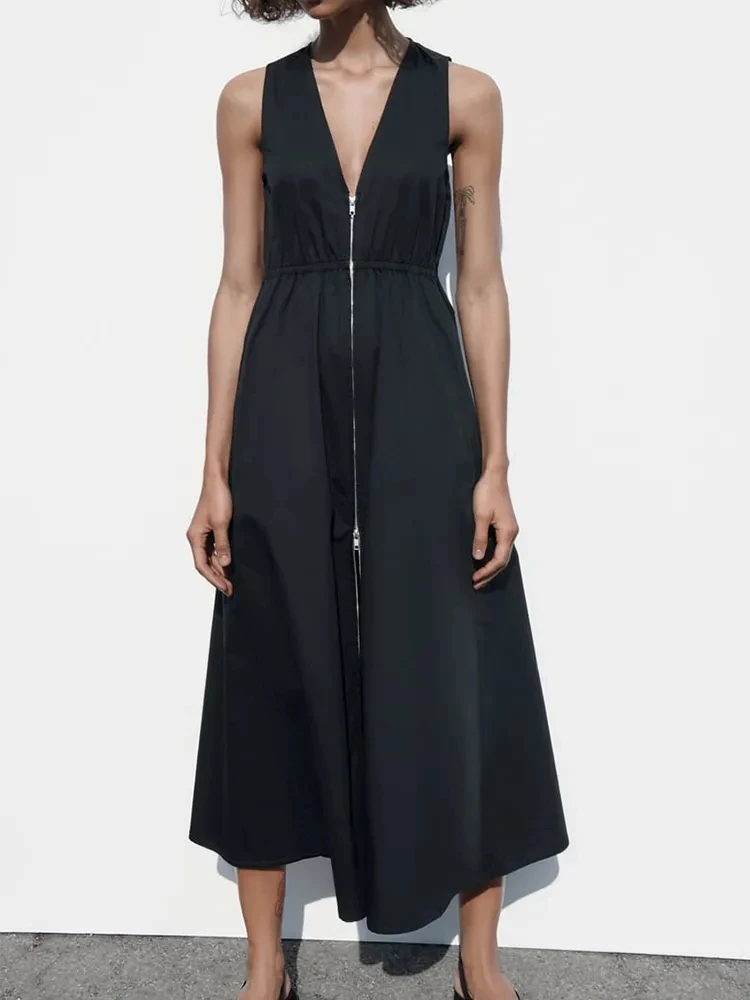 

Женские элегантные черные и белые длинные платья 2023, летние платья большого размера без рукавов на молнии, модные женские платья