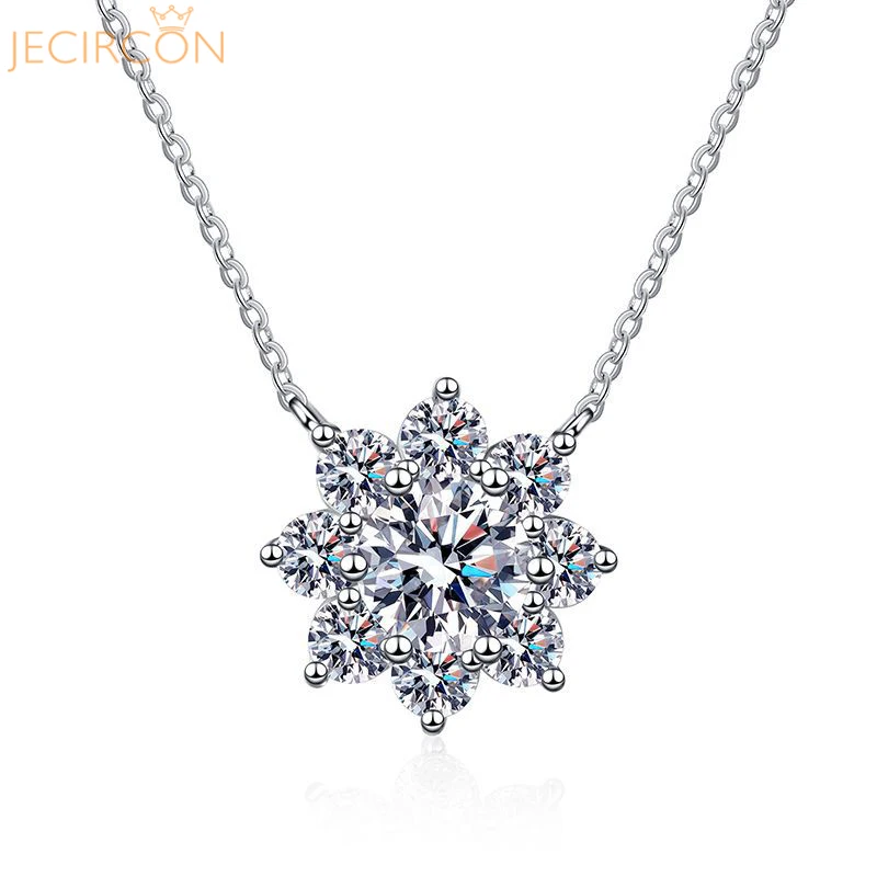 

JECIRCON 925 Sterling Silver Moissanite Necklace for Women 1 Carat Eight Petal Sunflower Snowflake Shiny Pendant Clavicle Chain