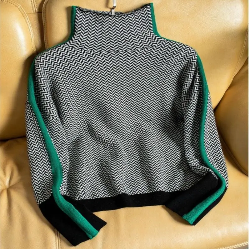 

Women Turtleneck Sweater Warm Pullover Commuter Elegant Top Loose Casual 2022 Winter Top Retro Contrast Color