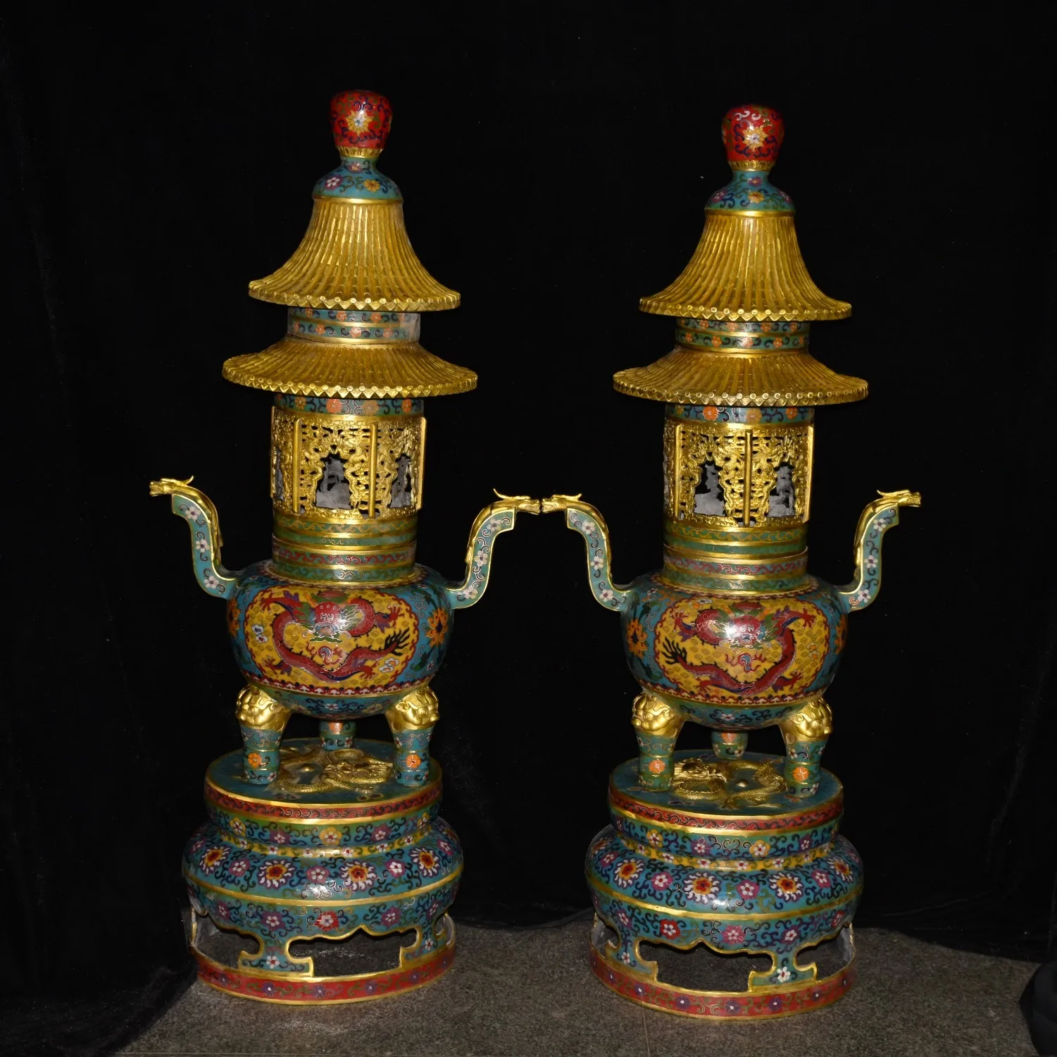 

39"Tibet Temple Collection Old Bronze Cloisonne Enamel Three story pagoda stupa incense burner A pair Ornaments Town house