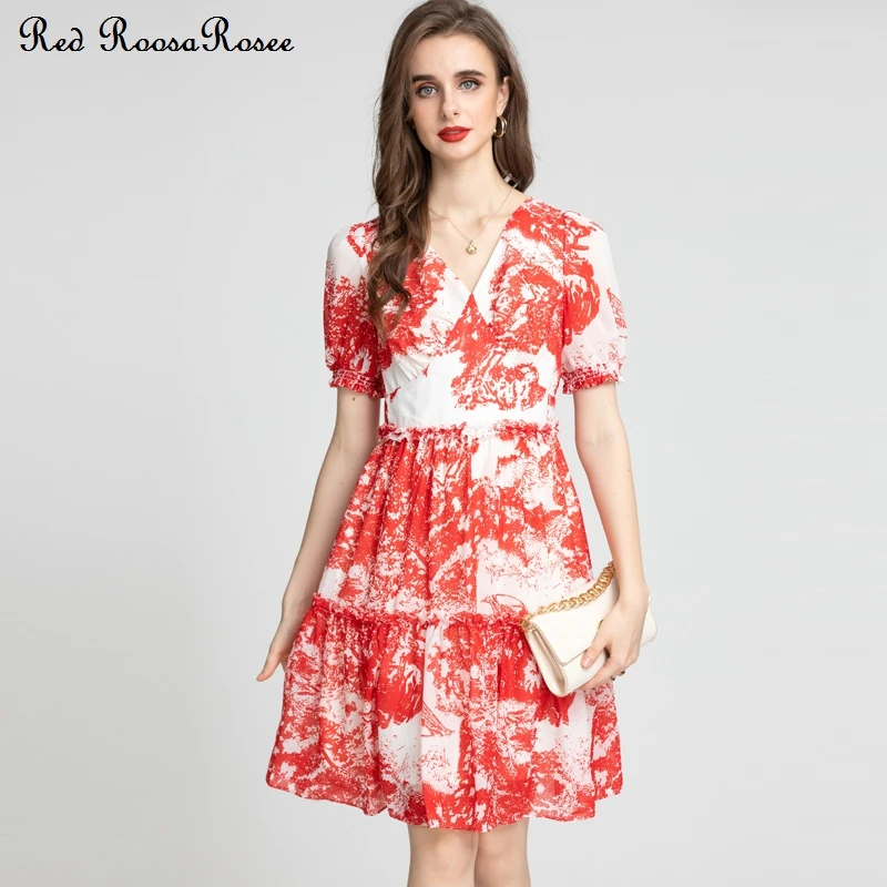 

Красное платье RoosaRosee с милым мультяшным принтом, рукавом до запястья, драпированные длинные праздничные платья, женские дизайнерские плать...