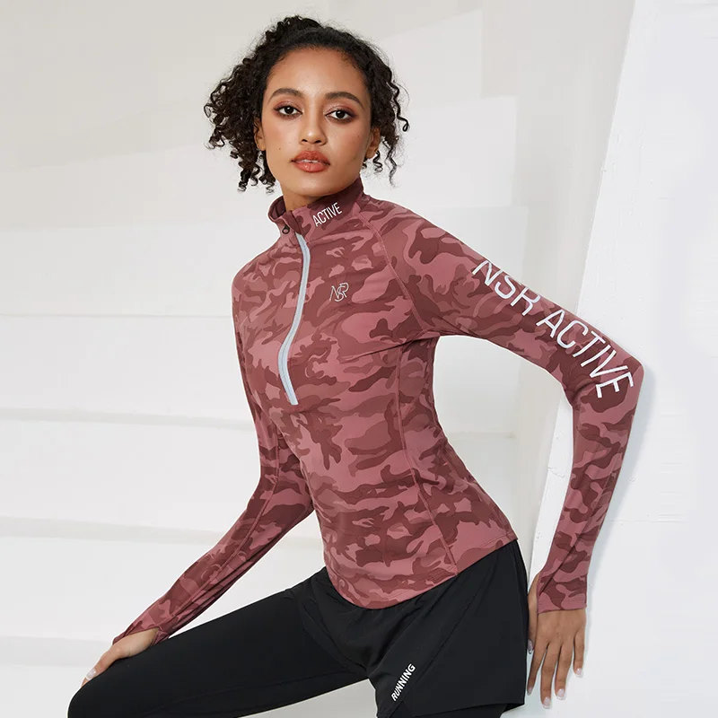 High Quality Gym Camouflage Sport Long Sleeves Running Women Tight Half Zipper Yoga T Shirts Workout Top Athletic Fitness Tops