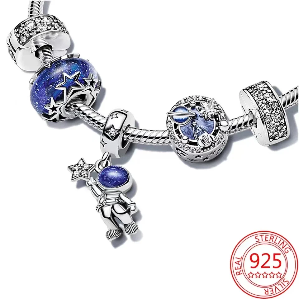 

Silver 925 Blue Series Beads Astronaut fit Bracelet Bangle Diy Original Design Star Moon Galaxy Charms For Women Jewelry Make