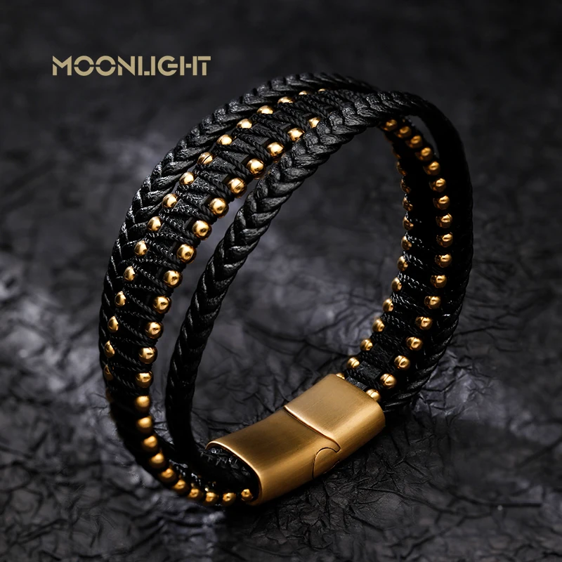 New Fashion Multi-layer Leather Bracelets & Charm Bangle Handmade Stainless Steel Button Bracelet For Men Jewelry Gift Wholesale