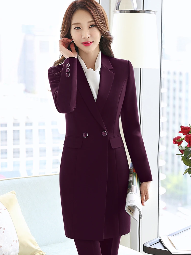 Women Pant Suit Work Business Wear Wine Blue Black Slim Waist Long Blazer Set Elegant Jacket and Trouser 2 Pieces
