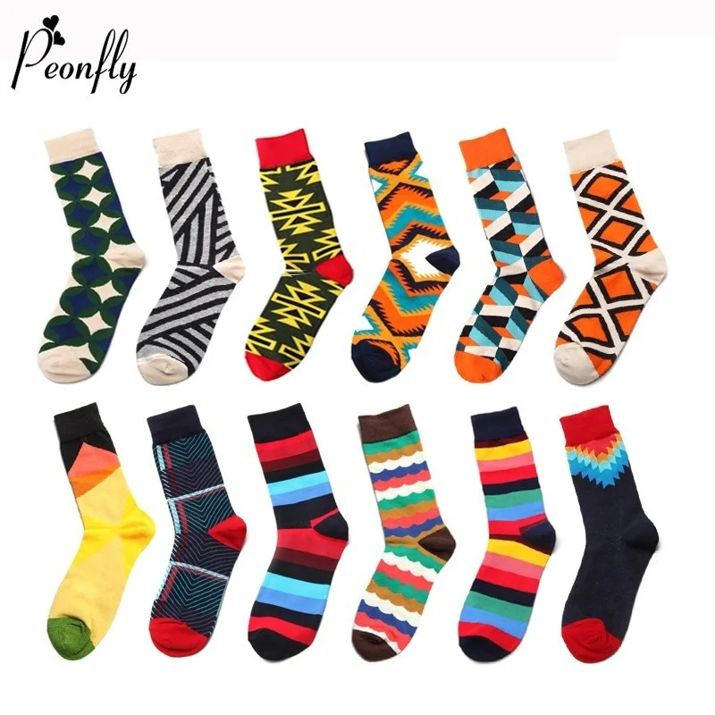 

Peonfly Men Fashion Colorful Lattice Striped Jacquard Art Dress Cotton Socks Multi Pattern Long Funny Happy Skateboard Sock Male