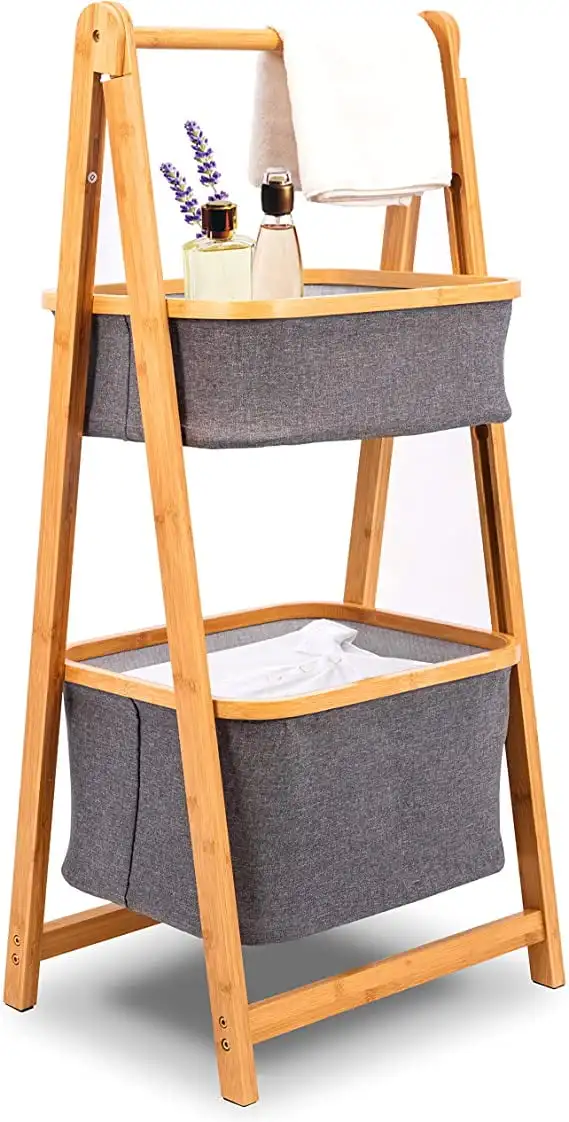

2 Tier Fold Out Floor Standing Bathroom Storage Tower Shelf Collapsible Hamper Shelves Easy Carry Extended Handles for Clothes