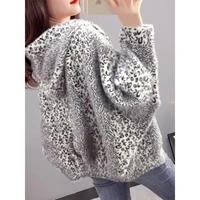 2021 women new fashion short ladies sweater knitted leopard print imitation mink velvet jacket cardigan autumn and winter