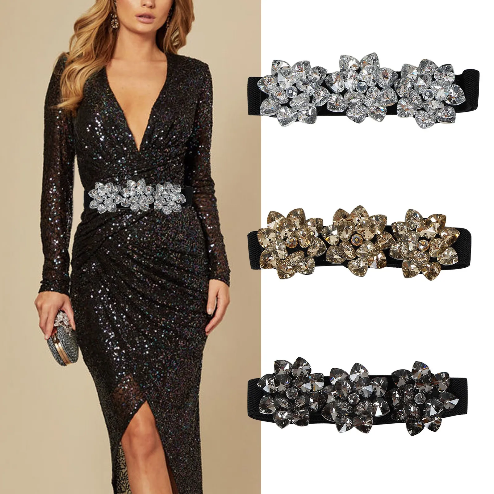 Luxury Brand Crystal Beaded Belts For Women Fashion Flower Shape Elastic Wide Belts Ladies High Quality Dress Belt Wedding Party