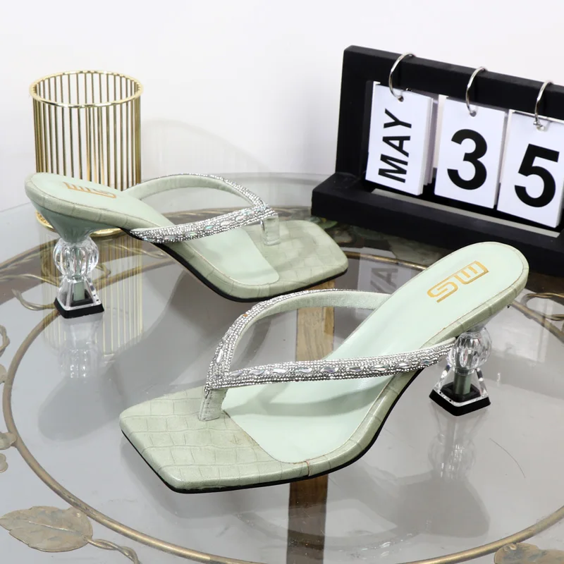 flip flops 2023 spring summer high heeled rhinestone Pinch toe women shoes wearing thin-heeled solid-color heeles shoes ladies