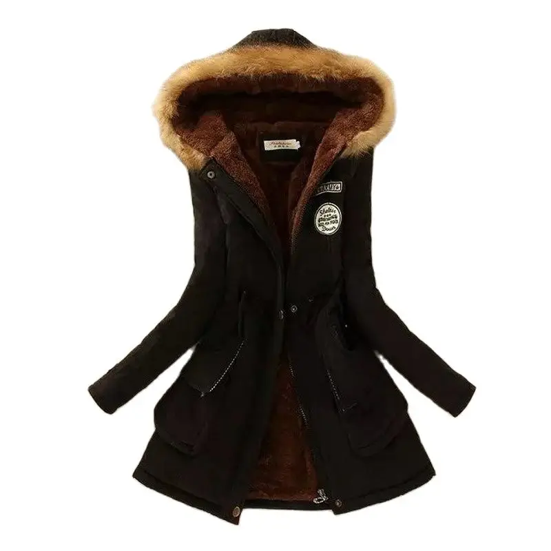 Women Parkas Autumn Winter Korean Version of The Slim Mid Length Jacket Big Fur Collar Coat Plus Velvet Thick Loose Cotton Coat