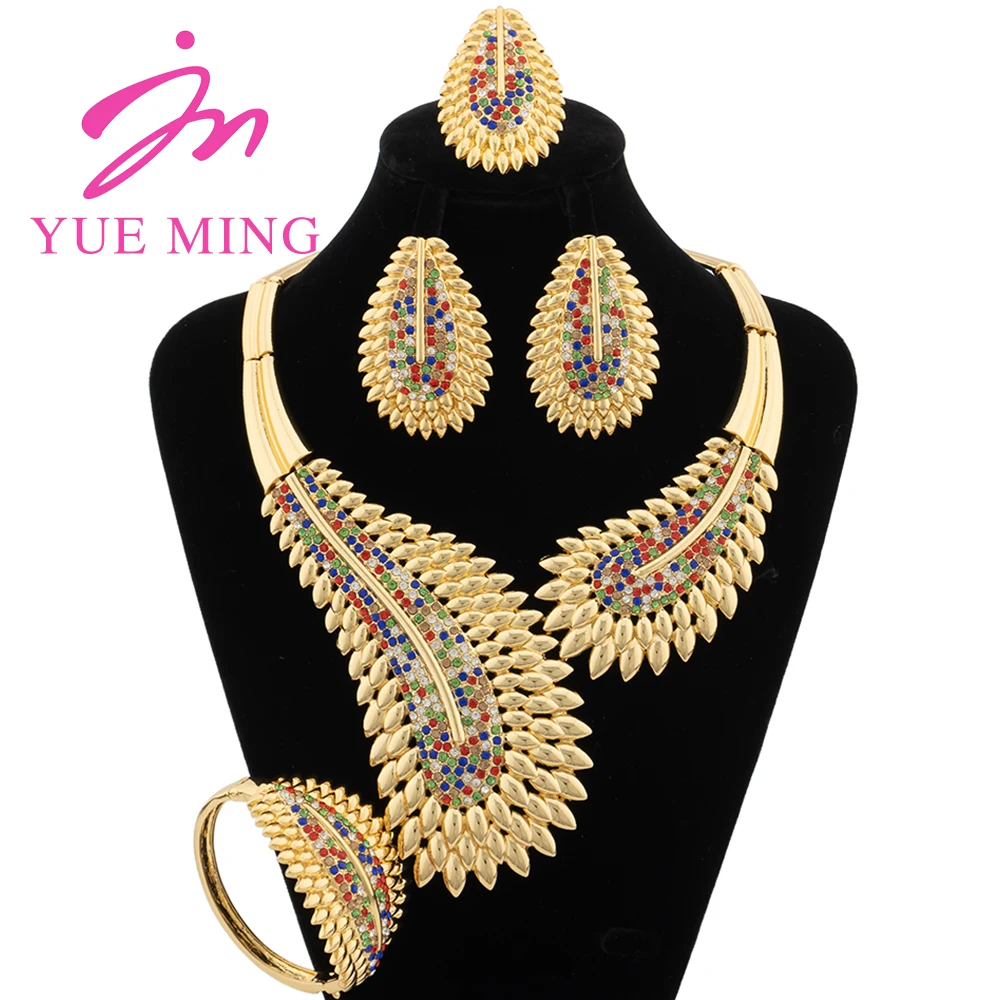 

YM Gold Plated Jewelry Sets Women's Wedding Party Banquet Jewelry Feather Shape Pendant Dubai Necklace Earrings Bangles Ring