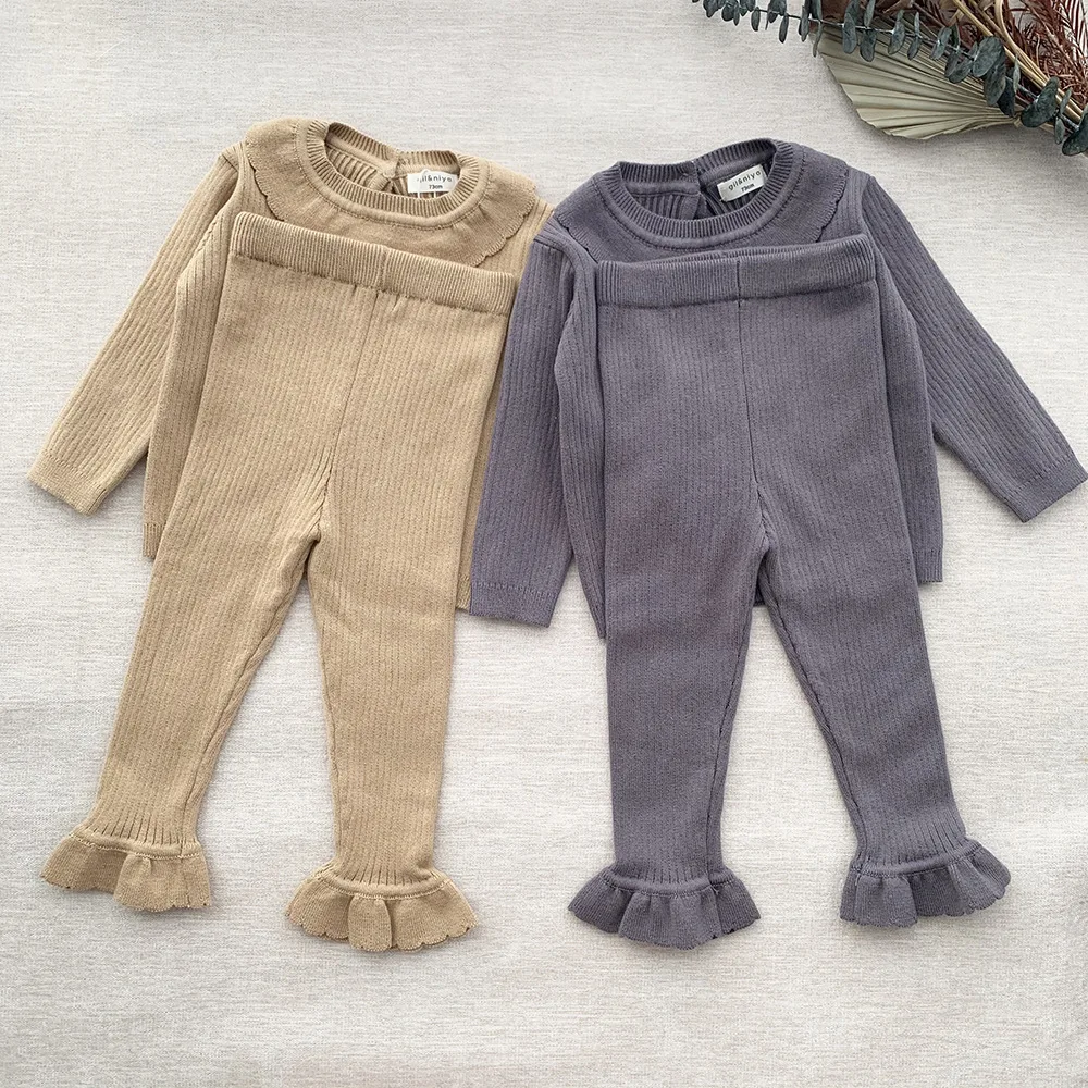 

deer jonmi Korean Style Autumn Toddlers Girls Knitted Outfits Ruffles Tops Flared Pants 2pcs Baby Kids Elastic Warm Sets