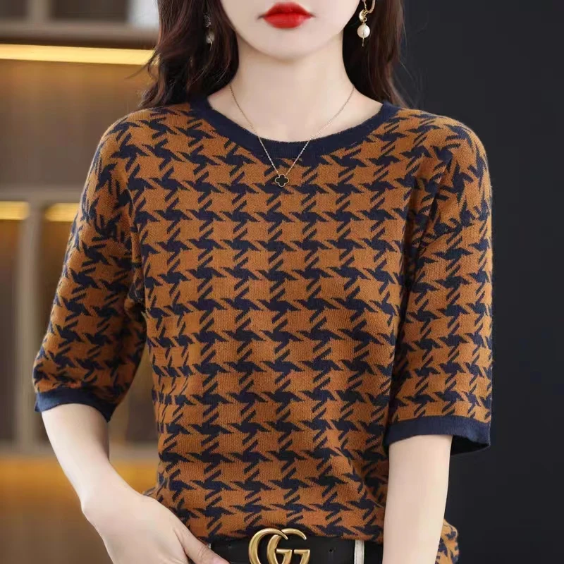 

Summer Thin Women Sweater Short Sleeve O-Neck T-Shirt Female Pullover Tees Casual Korean Style 100% Wool Knitted Tops Clothing