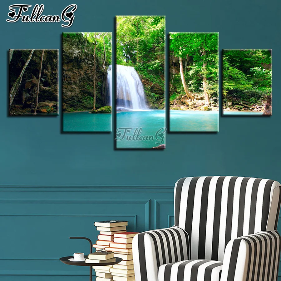 

FULLCANG natural scenery waterfall mosaic 5 piece diamond painting picture full rhinestone embroidery kits home decor FG1040