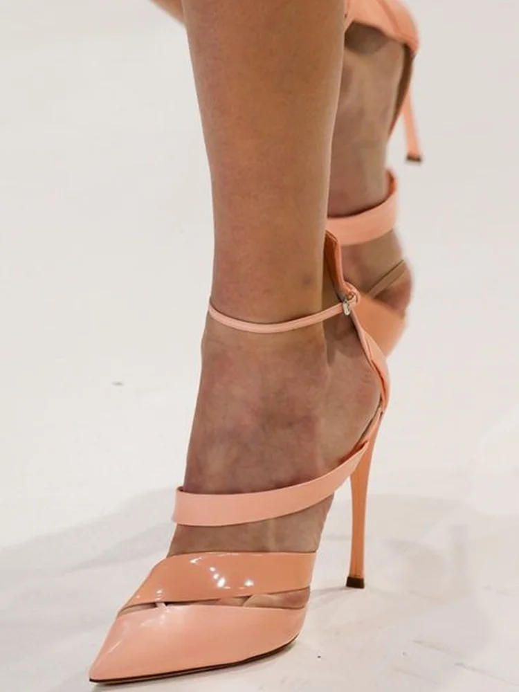 Patent Leather Women Pumps Stiletto High Heel Sexy Pointed Toe Ankle Strap Thin High Heel Runway Fashion Women Shoes Cover Heel