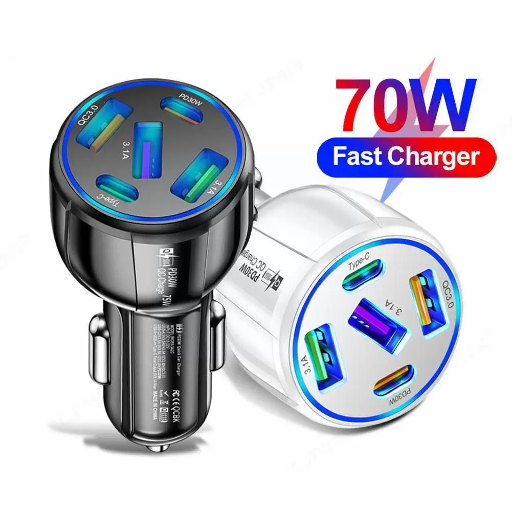 

70W USB Car Charger 5 Ports Fast Charge PD QC3.0 USB C Car Phone Charger Type C Adapter In Car For Iphone For Samsung S6S4