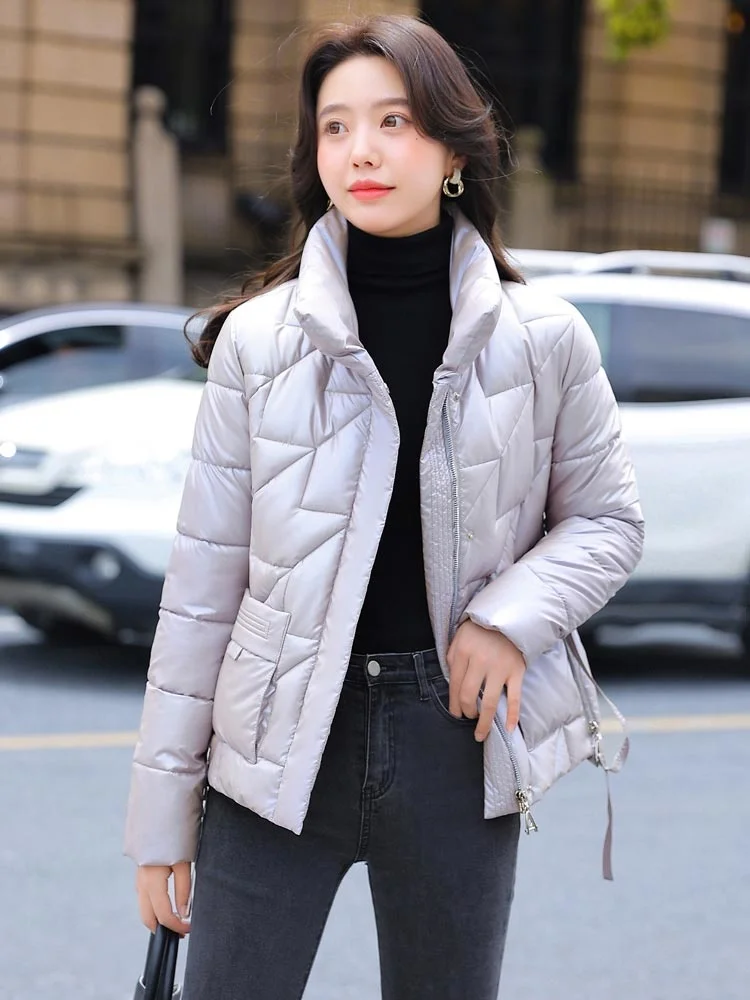 2022 New Korean Style Women Winter Jacket Stand Collar Cotton Padded Warm Thick Shiny Short Ladies Coat Winter Parkas