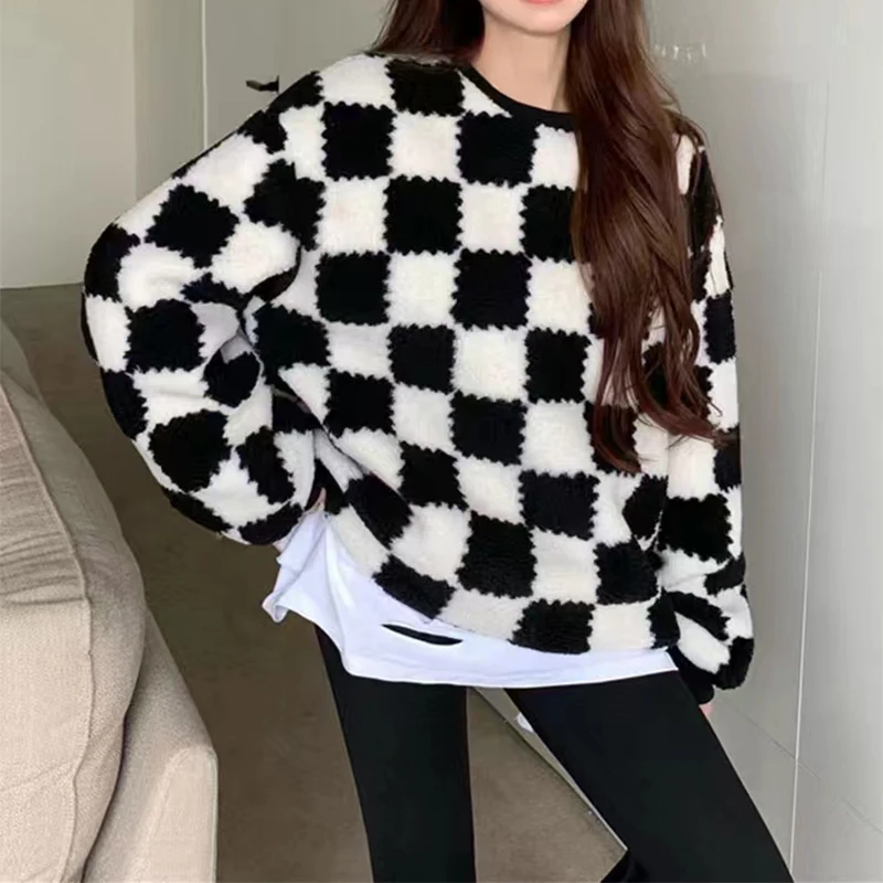 

2022 women classic o-neck knit pullover long sleeve casual loose color blocking top lady elegant outwear knitwear sweater QY04